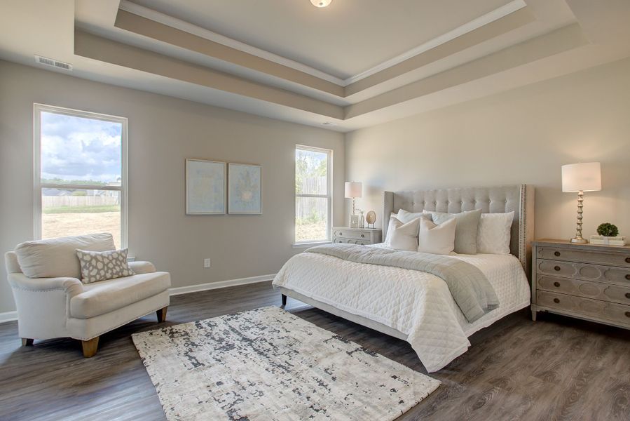 Private primary bedroom with trey ceiling