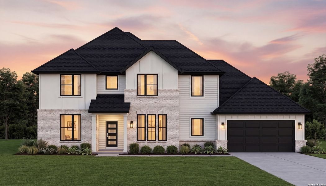 Front exterior of a new home in Villas Las Flores, Floresville, TX, highlighting curb appeal (Image 1). Front exterior of a new home in Villas Las Flores, Floresville, TX, highlighting curb appeal (Image 1).