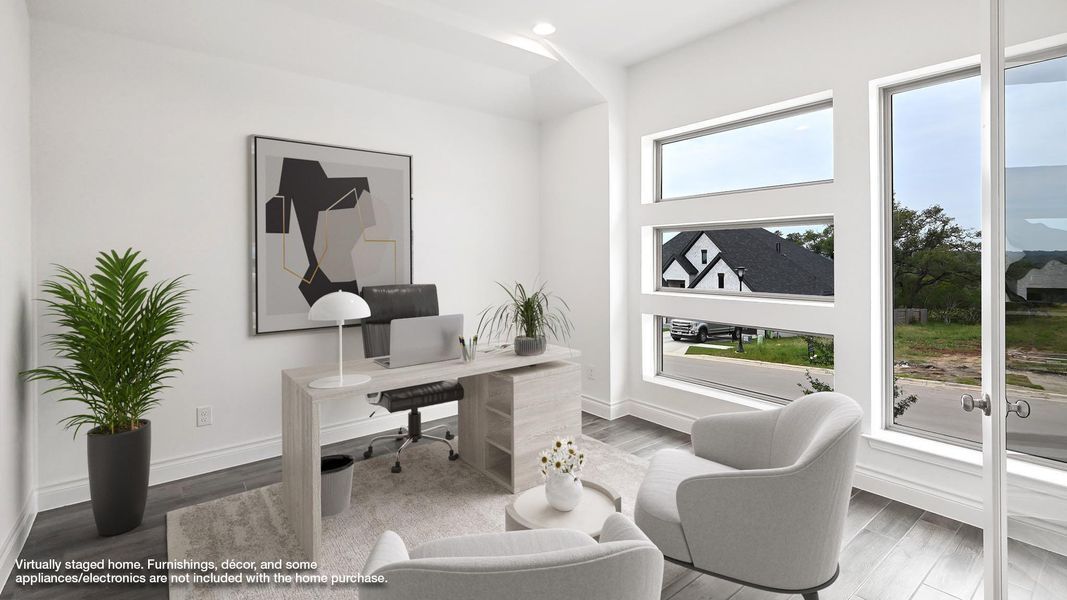 Office area featuring wood finished floors, recessed lighting, and baseboards Office area featuring wood finished floors, recessed lighting, and baseboards
