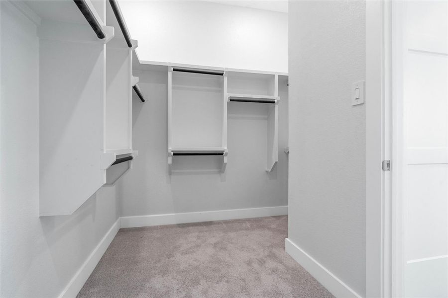 The primary suite features a generous walk-in closet equipped with functional hanging rods and shelving.