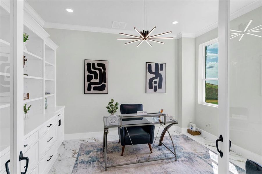 Home office featuring ornamental molding and a chandelier