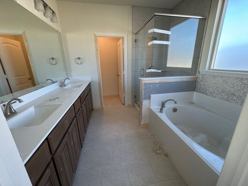 Bathroom featuring double vanity, a bath, and a stall shower