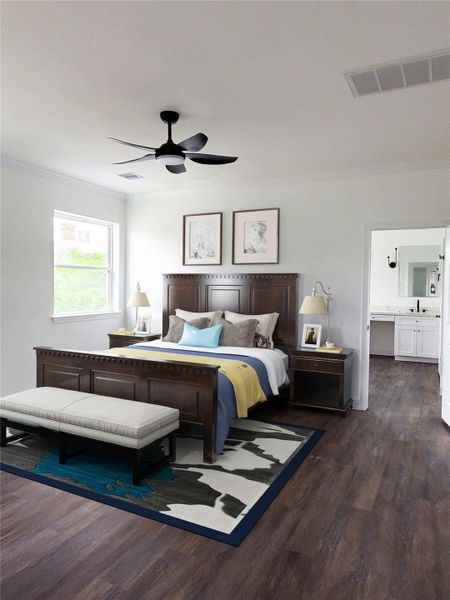 staged picture of the master bedroom.  3 of 4 bedrooms has the precious city view of downtown houston.