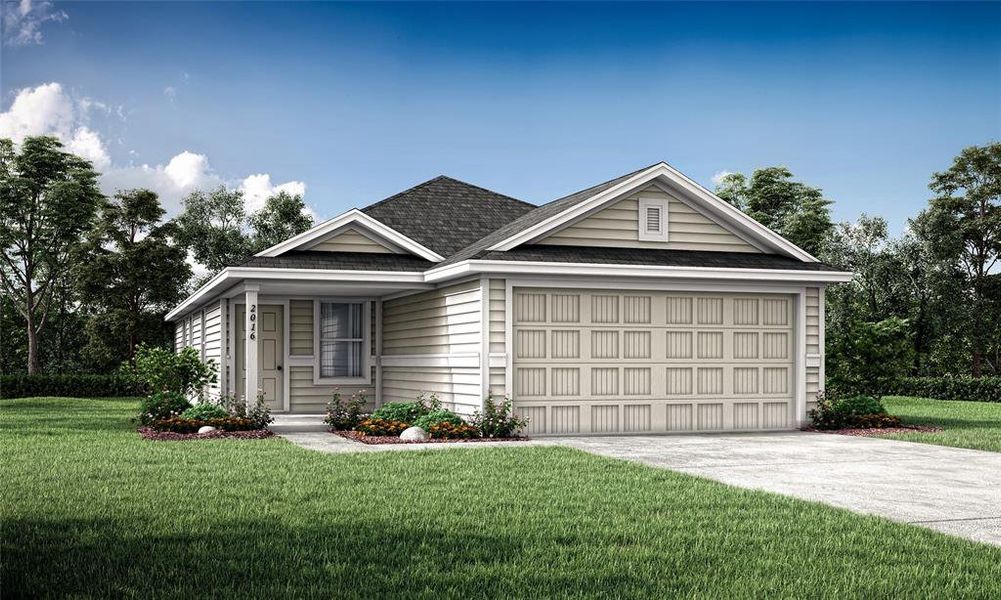 View of front facade featuring a front yard and a garage