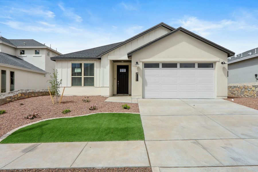 Representative exterior photo of a completed home built from the Acacia by View Homes in Verdancia, Horizon City, TX (Image 11). Representative exterior photo of a completed home built from the Acacia by View Homes in Verdancia, Horizon City, TX (Image 11).