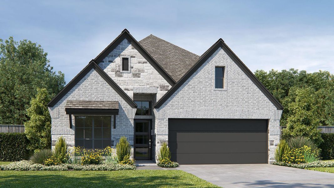 Front exterior of a new home in Meridiana 40'/45', Manvel, TX, highlighting curb appeal (Image 1). Front exterior of a new home in Meridiana 40'/45', Manvel, TX, highlighting curb appeal (Image 1).