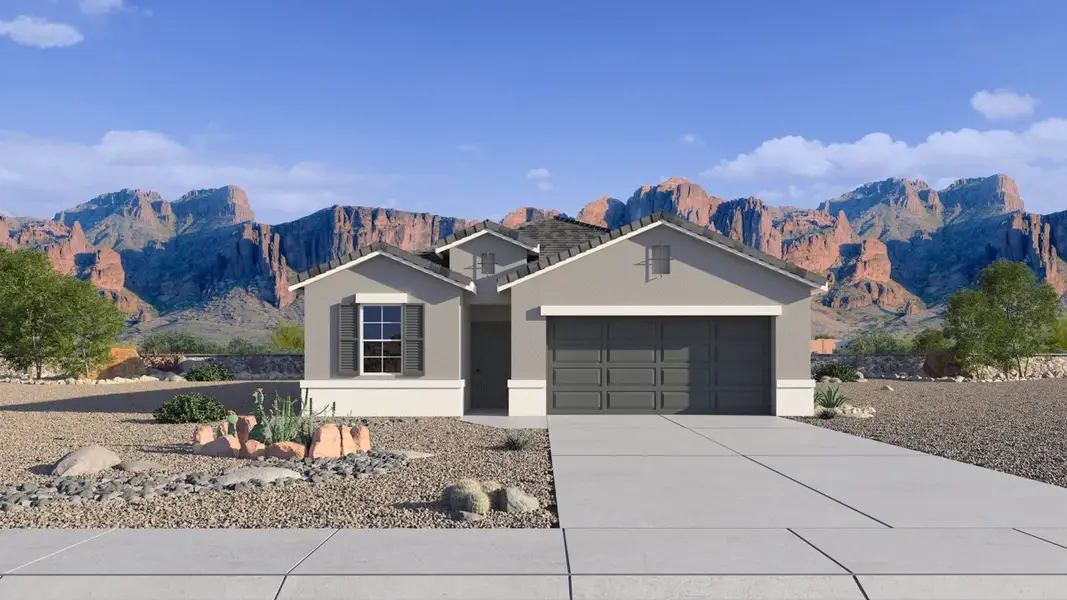 Front exterior of a new home in Copper Falls, Buckeye, AZ, highlighting curb appeal (Image 1). Front exterior of a new home in Copper Falls, Buckeye, AZ, highlighting curb appeal (Image 1).