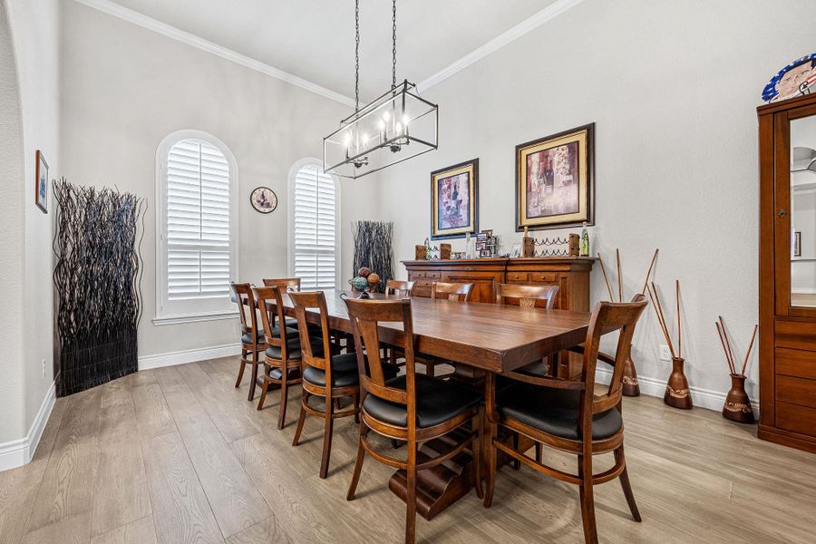 Natural light illuminates the elegant dining area, boasting high ceilings and rich wood flooring. Natural light illuminates the elegant dining area, boasting high ceilings and rich wood flooring.