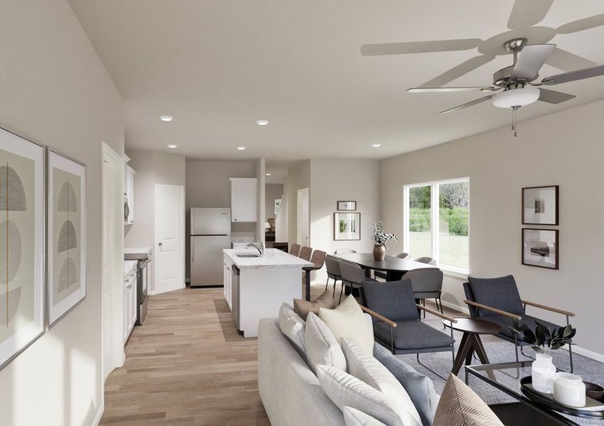 Modern open-concept living room and kitchen. Neutral tones, large windows, ceiling fan, framed artwork, cozy furniture, and bright natural light. Modern open-concept living room and kitchen. Neutral tones, large windows, ceiling fan, framed artwork, cozy furniture, and bright natural light.