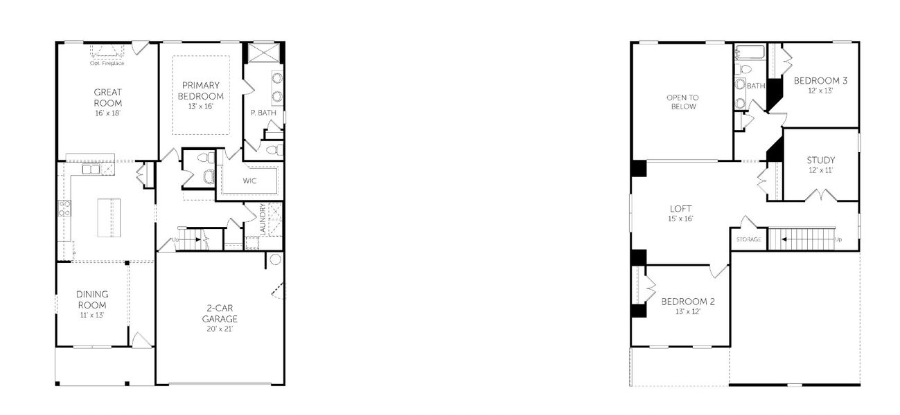 2D floor plan layout for the Bellwood - Single Family Homes by Dream Finders Homes in Wood Lake II, Raeford, NC (Image 3).