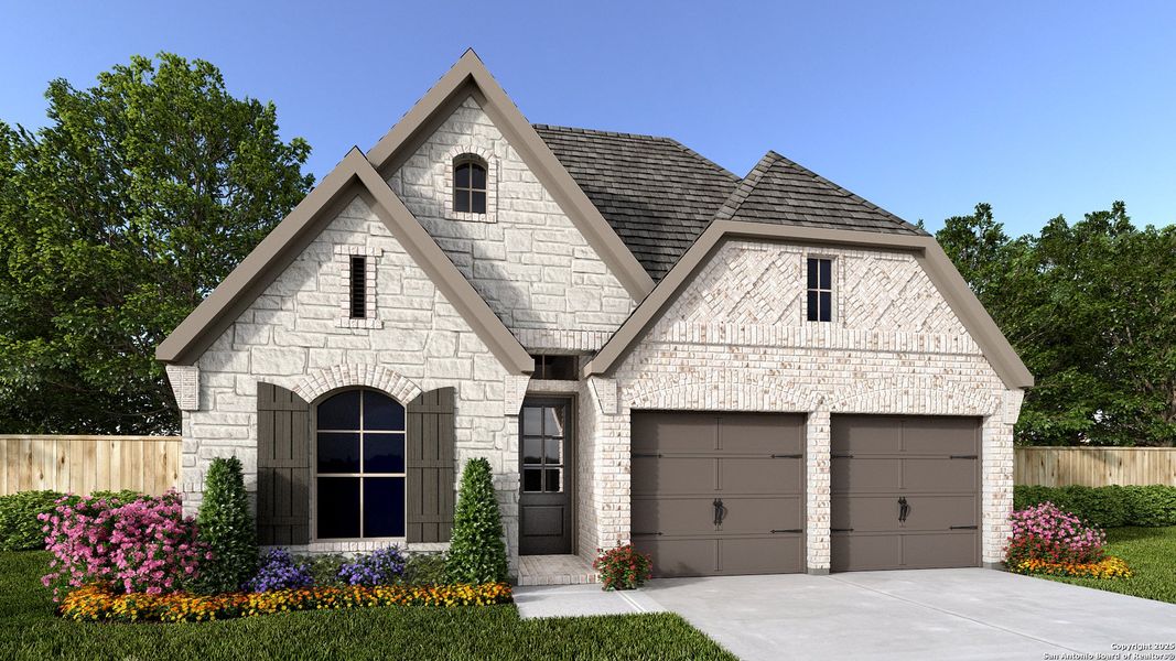 Front exterior of a new home in Kallison Ranch 45', San Antonio, TX, highlighting curb appeal (Image 1).