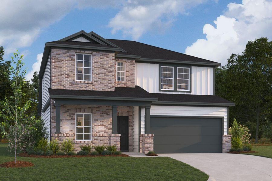 Front exterior of a new home in Marble Creek Crossing, Austin, TX, highlighting curb appeal (Image 1). Front exterior of a new home in Marble Creek Crossing, Austin, TX, highlighting curb appeal (Image 1).