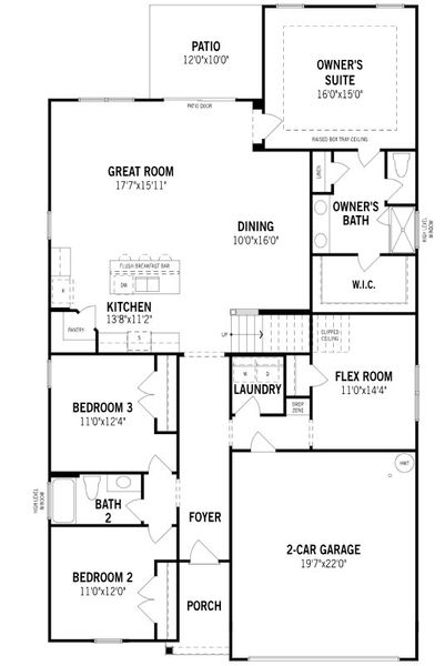 2D floor plan layout for the Dayton by Mattamy Homes in Westfall, Gastonia, NC (Image 3).