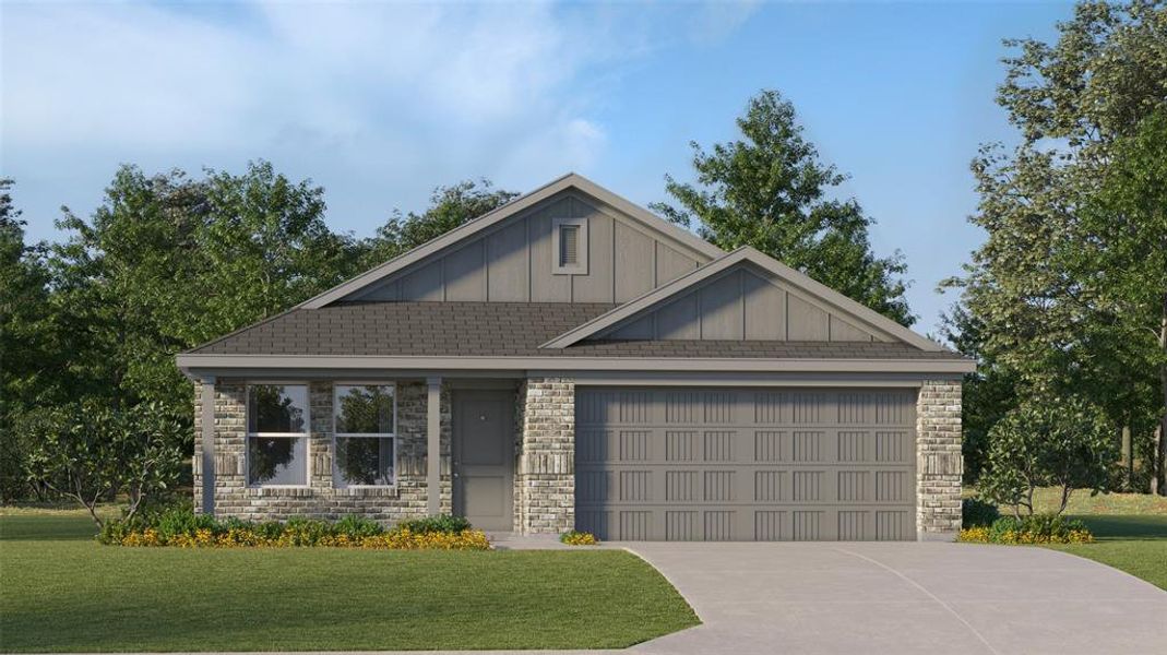 Craftsman house with a front yard and a garage