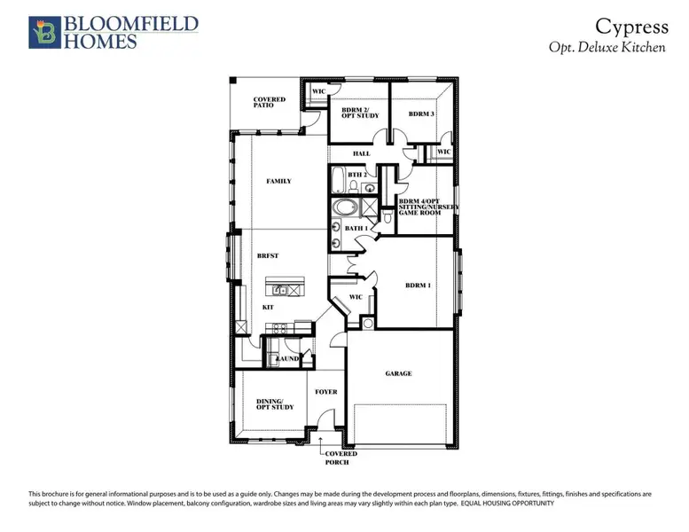 Bloomfield Homes Cypress floor plan with four bedrooms, two bathrooms, family room, kitchen, and two-car garage. Bloomfield Homes Cypress floor plan with four bedrooms, two bathrooms, family room, kitchen, and two-car garage.