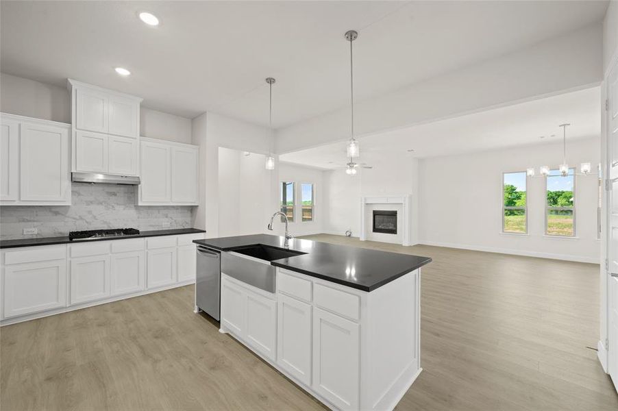 Kitchen with appliances with stainless steel finishes, under cabinet range hood, dark countertops, light wood-style flooring, and recessed lighting