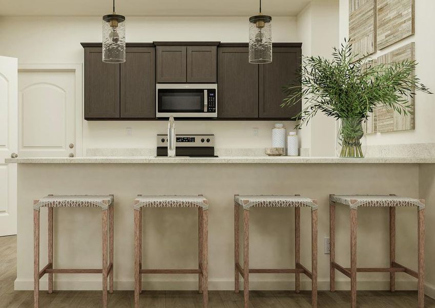 Rendering of the kitchen featuring bar
  seating and stainless steel appliances.