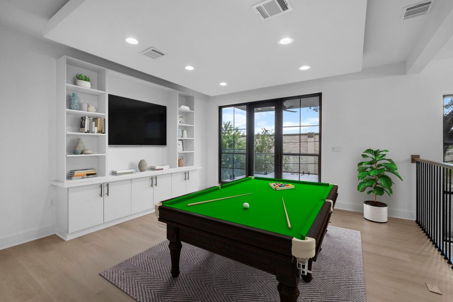 Virtually Staged: WOW! This amazing game room is perfect for entertaining! Right upstairs, this space would be a fabulous teen hangout, media room, or adult game room complete with pool table and big screen TVs! Virtually Staged: WOW! This amazing game room is perfect for entertaining! Right upstairs, this space would be a fabulous teen hangout, media room, or adult game room complete with pool table and big screen TVs!