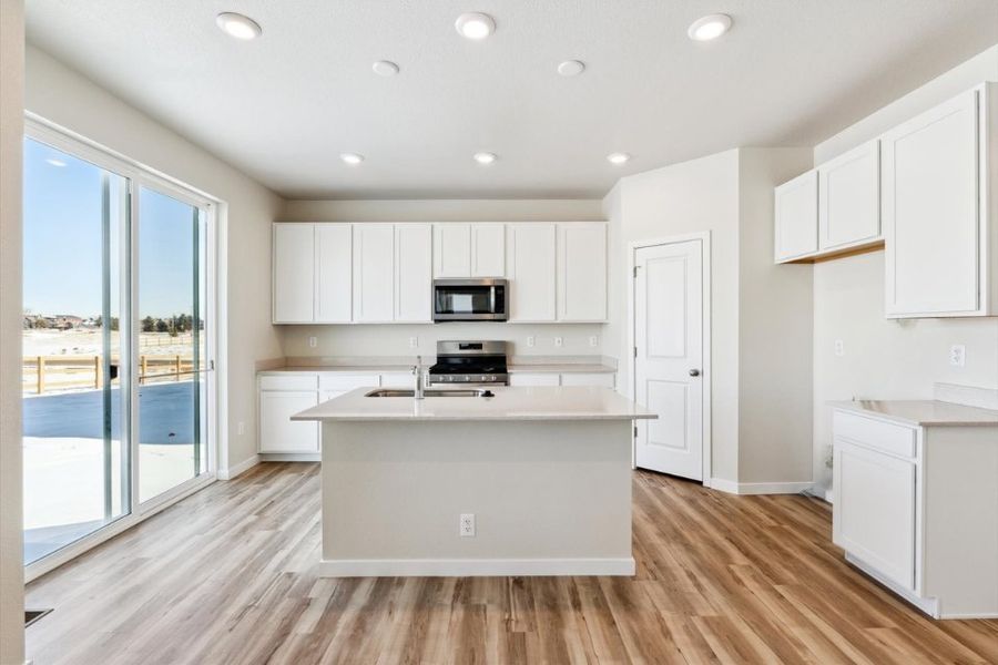 A kitchen with white cabinets.