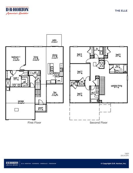 2D floor plan layout for the ELLE by D.R. Horton in Lakeview at Kitfield, Moncks Corner, SC (Image 3).