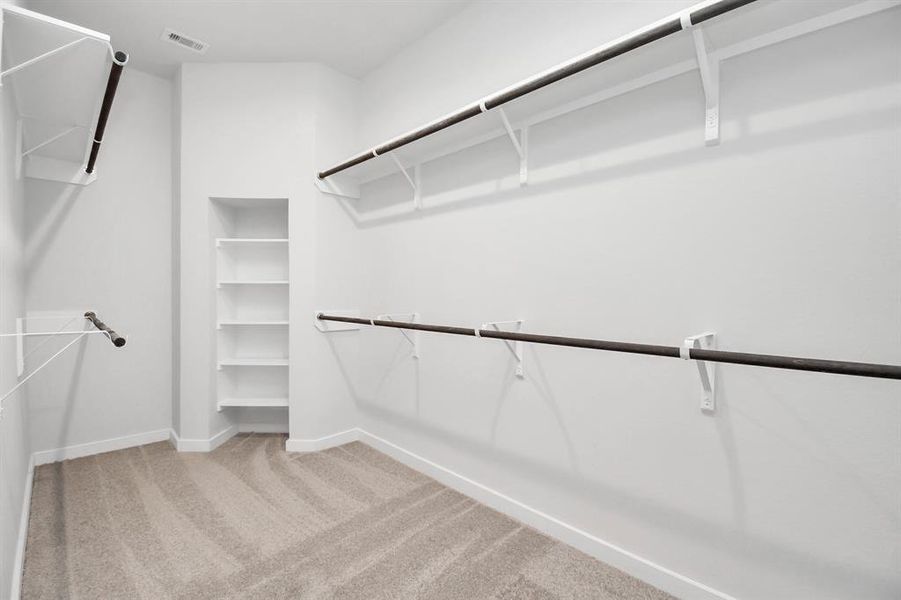 Generously-sized walk-in closet featuring lofty ceilings and sumptuous carpeting. Embrace the warmth of rich paint tones, take advantage of built-in shelving, and appreciate the contemporary and functional ambiance enhanced by dark finishes.