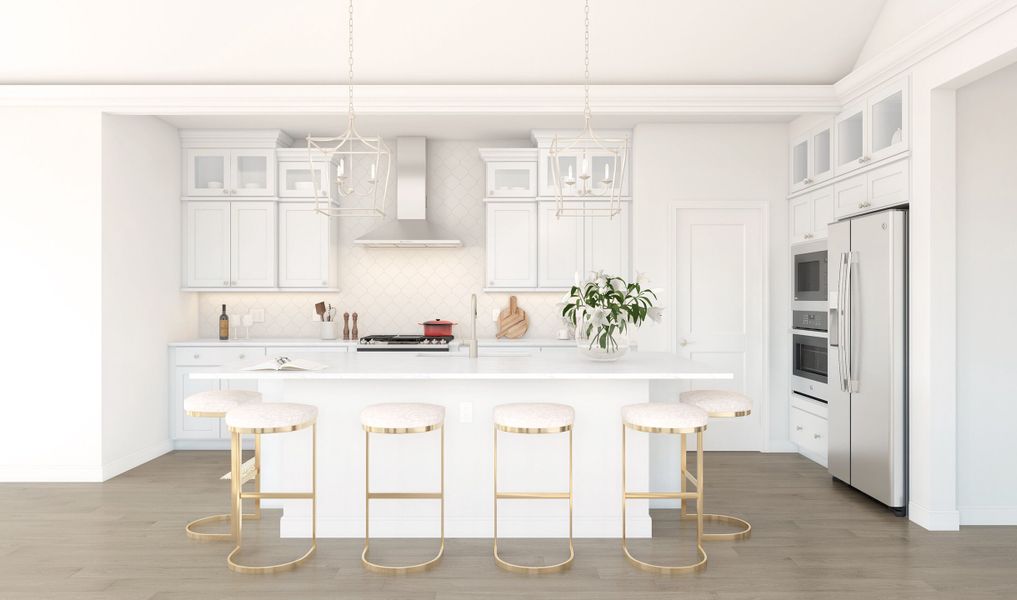 Kitchen with pendant lighting and glass upper cabinets