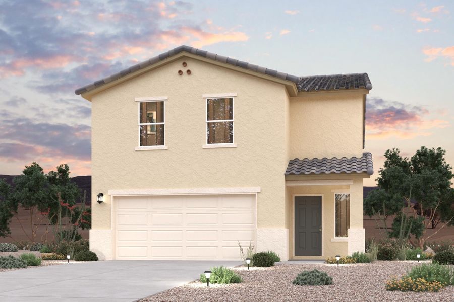 Front exterior of a new home in Entrada del Toro at Rancho Sahuarita, Sahuarita, AZ, highlighting curb appeal (Image 1). Front exterior of a new home in Entrada del Toro at Rancho Sahuarita, Sahuarita, AZ, highlighting curb appeal (Image 1).
