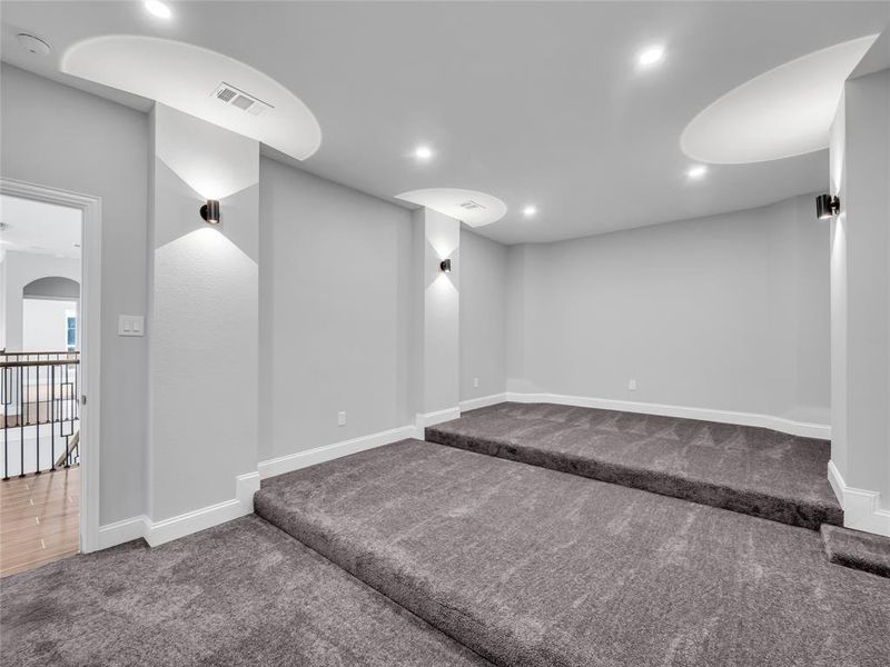 Carpeted media room with steps for multi-height seating. Carpeted media room with steps for multi-height seating.