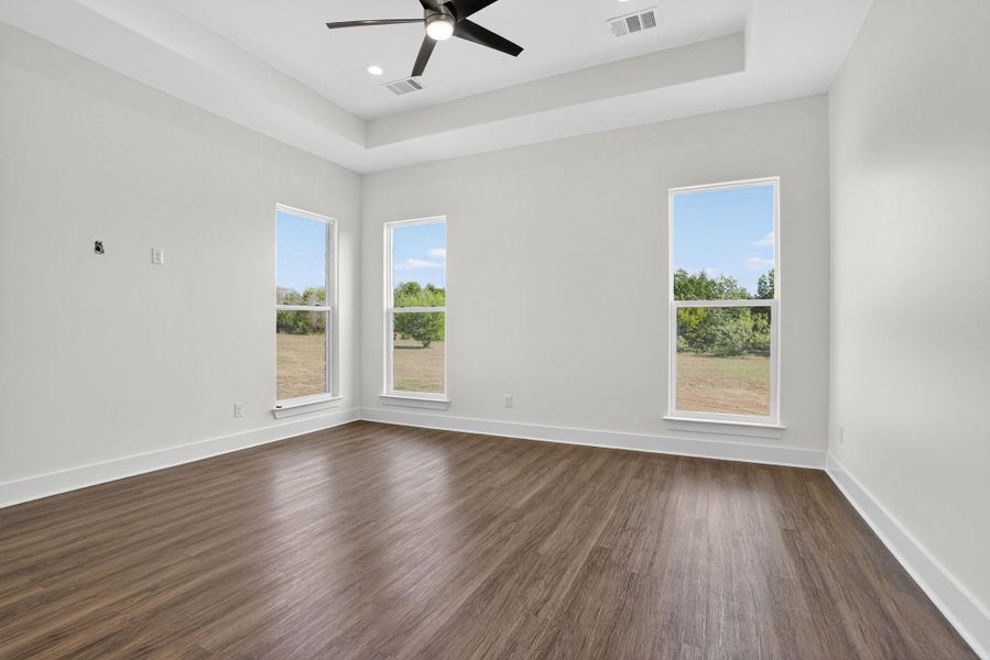 Unfurnished room with dark wood-type flooring, plenty of natural light, and a tray ceiling Unfurnished room with dark wood-type flooring, plenty of natural light, and a tray ceiling