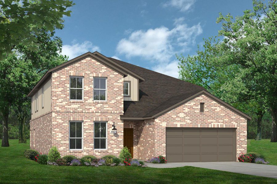 View of front facade with driveway, a front lawn, an attached garage, and brick siding