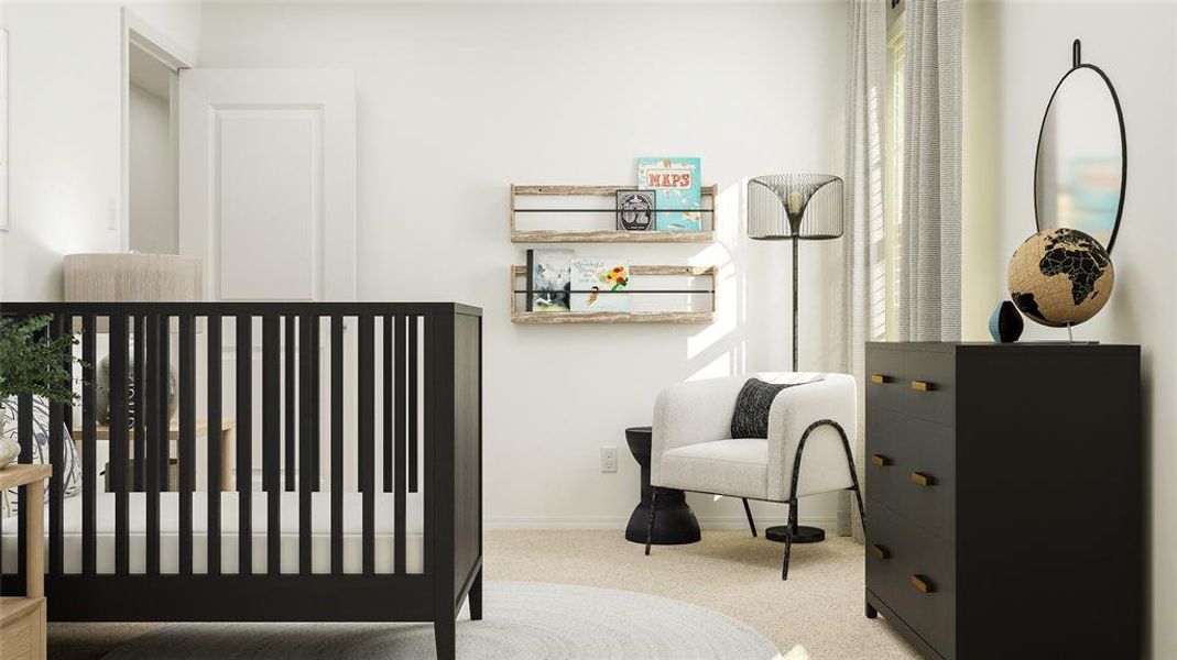 Carpeted bedroom featuring a nursery area