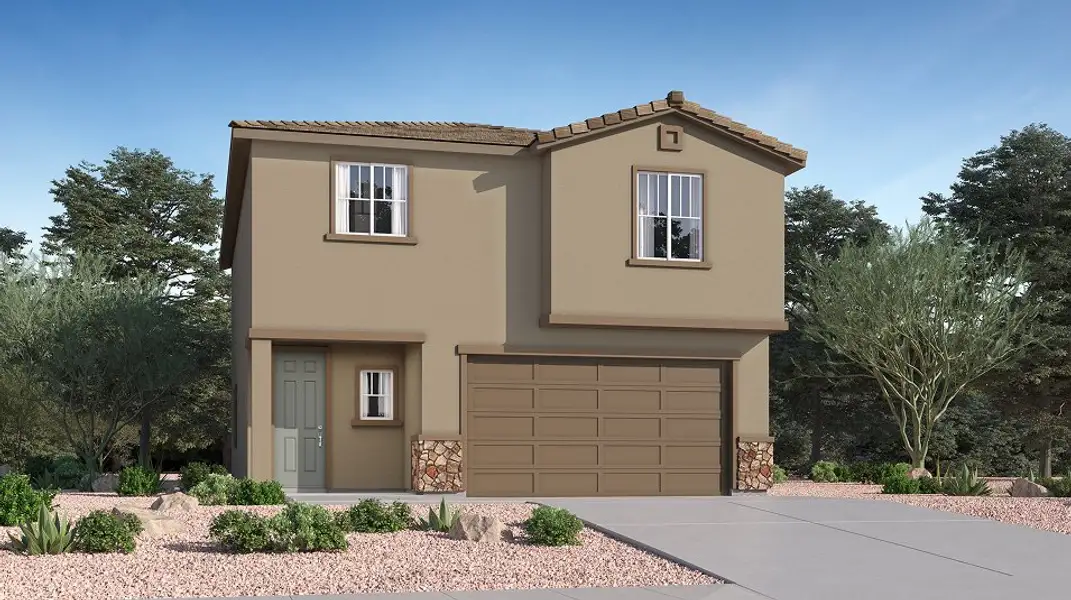 Front exterior of a new home in Monarch, Marana, AZ, highlighting curb appeal (Image 1). Front exterior of a new home in Monarch, Marana, AZ, highlighting curb appeal (Image 1).