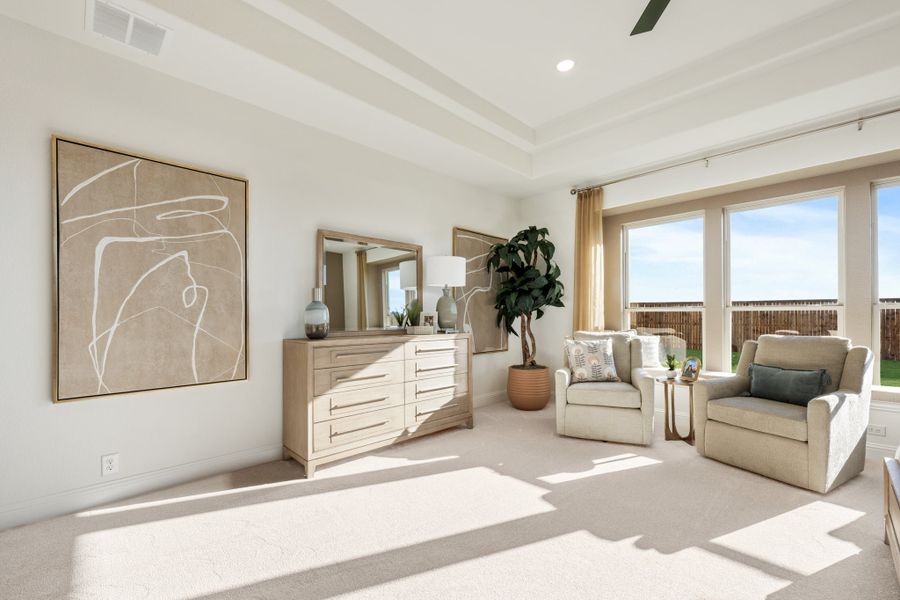 Bedroom sitting area with tray ceiling, dresser, two armchairs, and large windows with backyard view