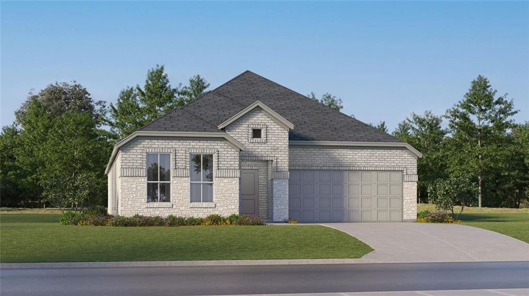 View of front of home with a garage and a front lawn