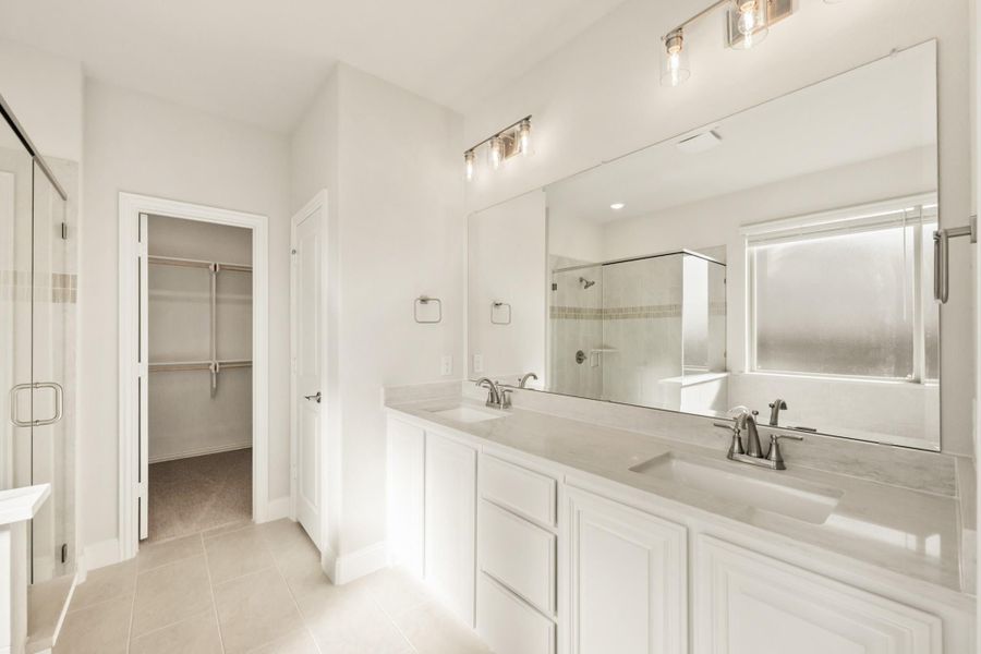 Master bathroom with double sink vanity, white cabinets, glass shower, and walk-in closet entrance