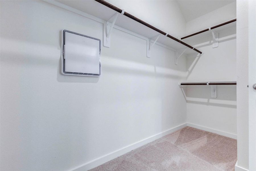 Spacious walk-in closet with carpet flooring, multiple hanging rods, upper shelving, and room for organized storage. The layout provides practical wardrobe space with long hanging sections, shorter double-hang areas, and a clean neutral finish ready for everyday use.