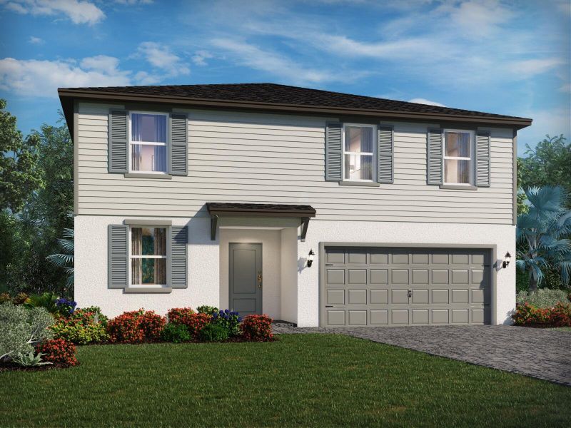 Front exterior of a new home in Meritage Homes at Terra Lago - Classic Series, Indiantown, FL, highlighting curb appeal (Image 1). Front exterior of a new home in Meritage Homes at Terra Lago - Classic Series, Indiantown, FL, highlighting curb appeal (Image 1).