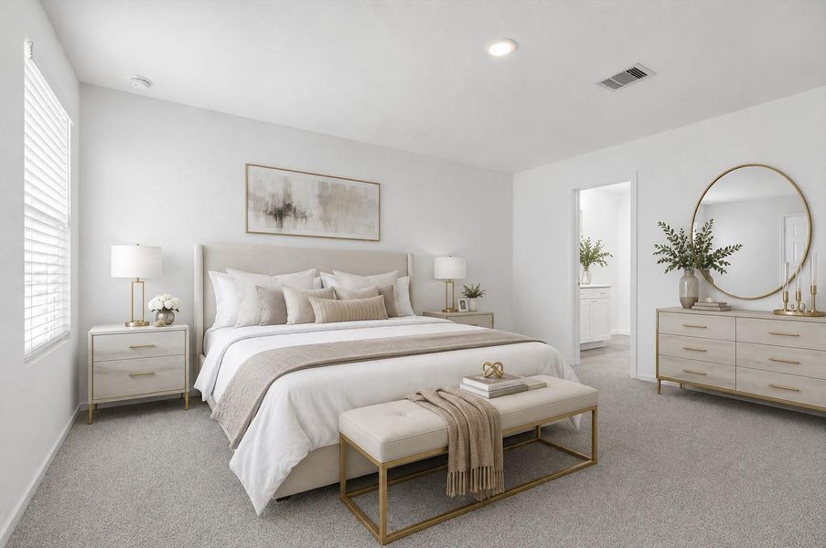 Retreat to the first-floor primary bedroom, offering privacy and convenience away from the secondary bedrooms.