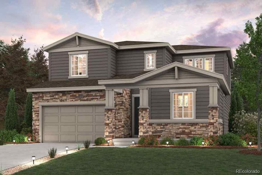 Front exterior of a new home in Floret Collection at Parkdale Commons, Lafayette, CO, highlighting curb appeal (Image 1).