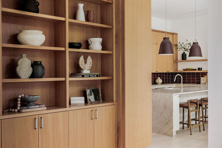 Detailed view of decorative backsplash and built in features Detailed view of decorative backsplash and built in features