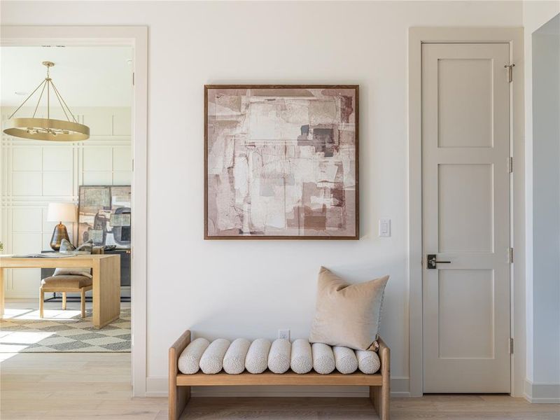 Detailed view of wood finished floors and an office area