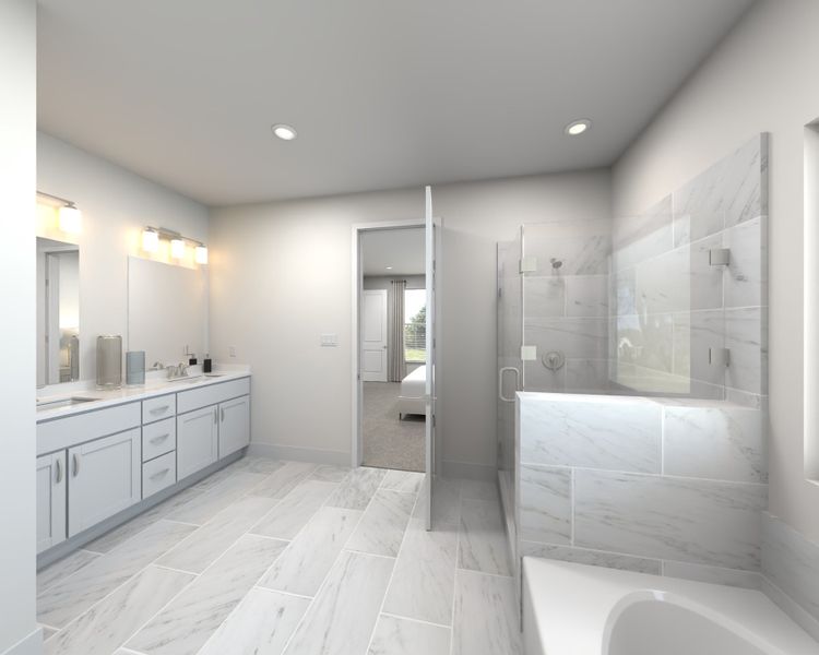 The primary bathroom offers dual vanity sinks and a walk-in shower.