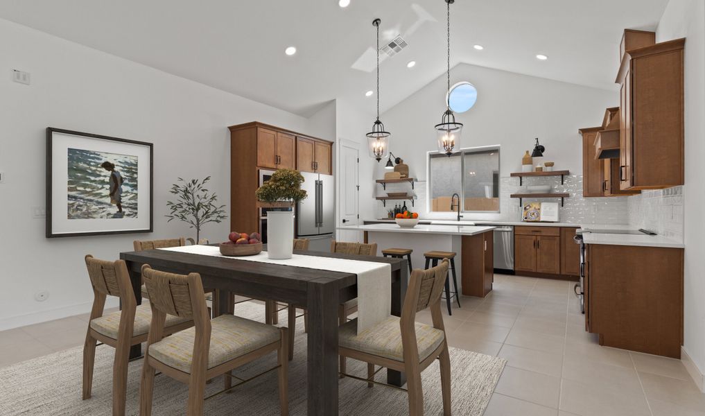 Dining area with tile flooring