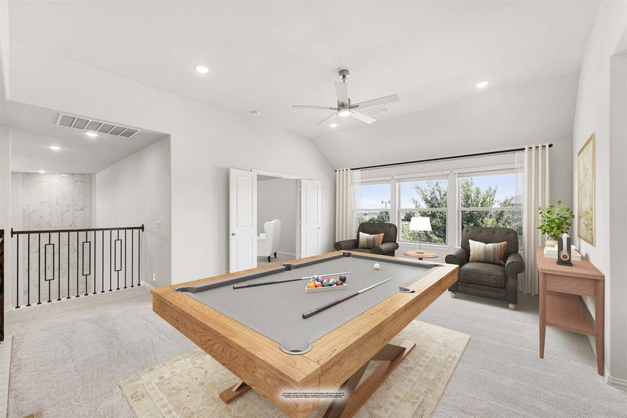Game room with wood-framed pool table, vaulted ceiling, ceiling fan, and seating area near large windows