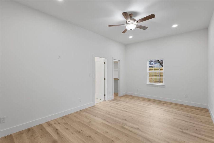 Recessed lighting + fan with light kit, lovely walk in closet and private spa like bath Recessed lighting + fan with light kit, lovely walk in closet and private spa like bath