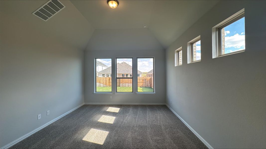 Carpeted spare room with vaulted ceiling and baseboards Carpeted spare room with vaulted ceiling and baseboards