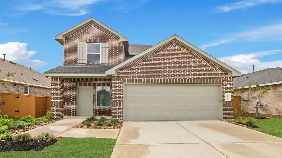 Front exterior of a new home in Cypress Green, Hockley, TX, highlighting curb appeal (Image 1). Front exterior of a new home in Cypress Green, Hockley, TX, highlighting curb appeal (Image 1).