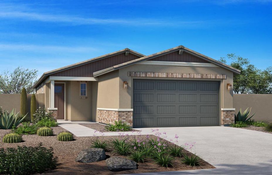 Representative exterior photo of a completed home built from the 1405 by Homes by Towne in Beacon Hill at Marley Park, Surprise, AZ (Image 5). Representative exterior photo of a completed home built from the 1405 by Homes by Towne in Beacon Hill at Marley Park, Surprise, AZ (Image 5).