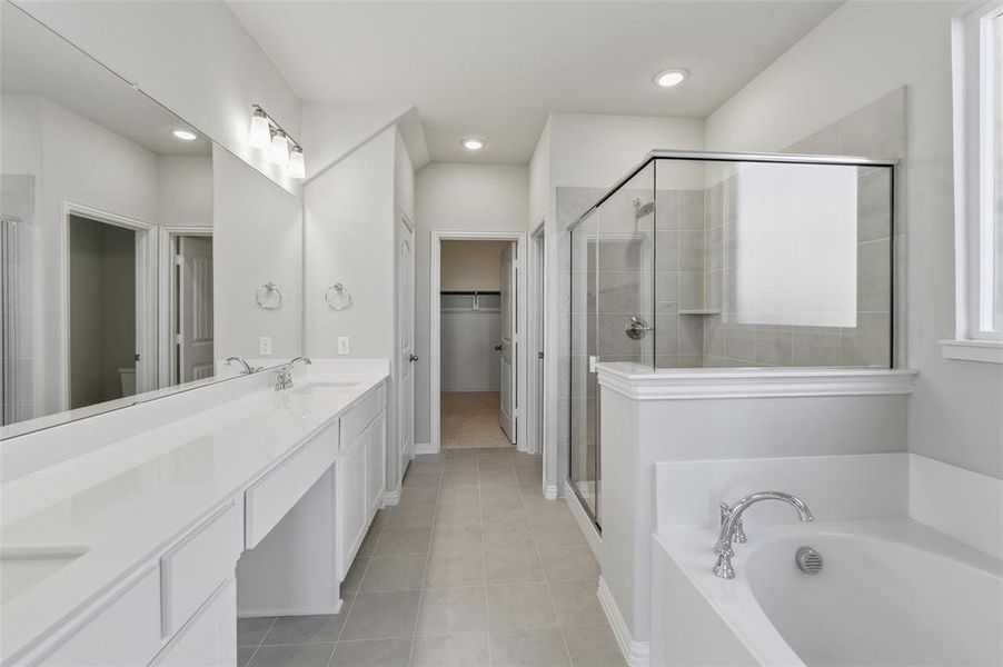 Bathroom featuring a stall shower, double vanity, a walk in closet, and a bath