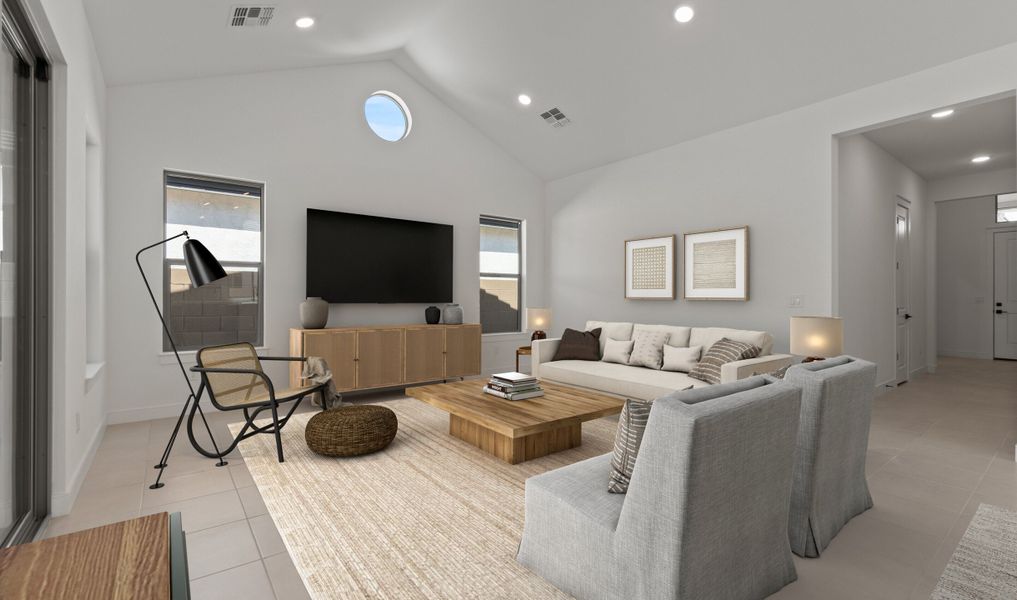 Great room with vaulted ceiling